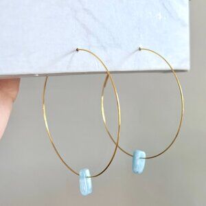 Gold Memory Wire Delicate Hoop Earrings with Blue Crystal Accent